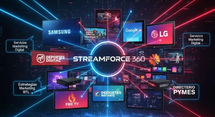Interfaz de la aplicación StreamForce 360 en Roku TV mostrando noticias de actualidad Latinoamérica en tiempo real.