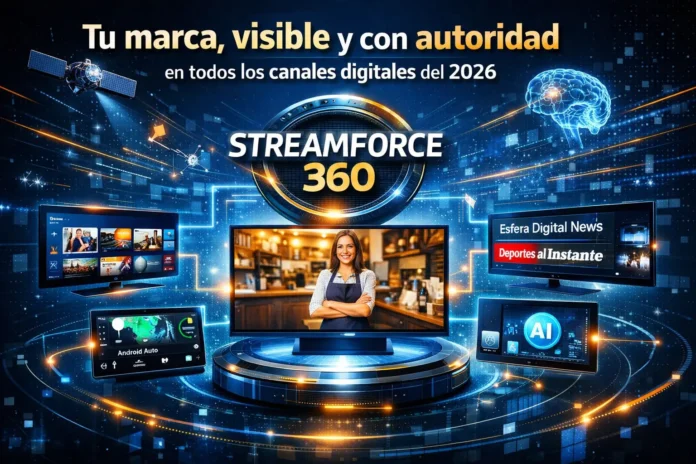 Imagen futurista del ecosistema digital de StreamForce 360 con logotipo central brillante, conectando Smart TVs, Android Auto, portales de noticias y flujos de datos. Una PYME aparece destacada en la pantalla principal, simbolizando visibilidad y autoridad en todos los canales digitales del 2026.