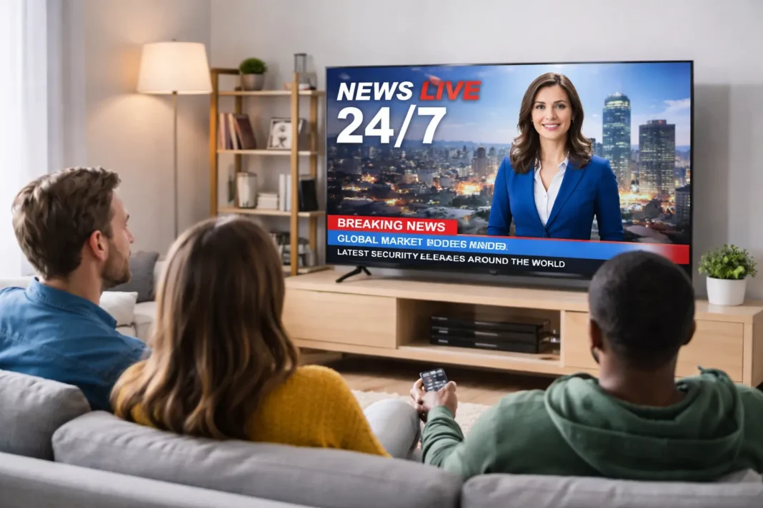 Personas viendo noticias en vivo 24/7 en una Smart TV desde una sala moderna con transmisión informativa en tiempo real.