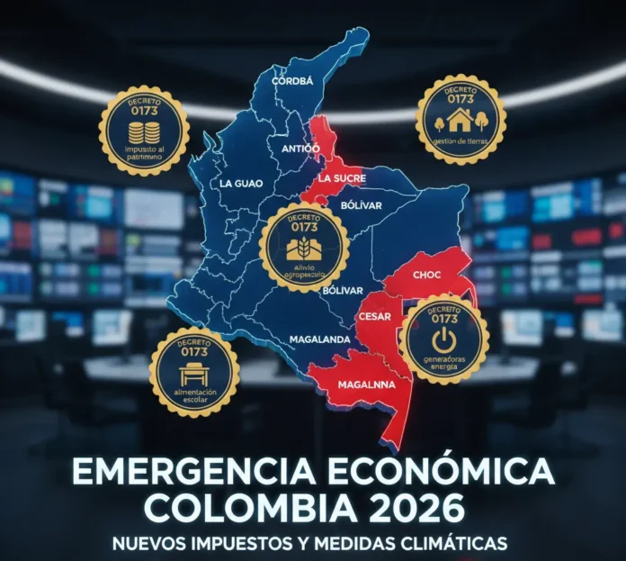 Mapa de Colombia resaltando zonas afectadas por inundaciones y sellos de decretos presidenciales 2026.