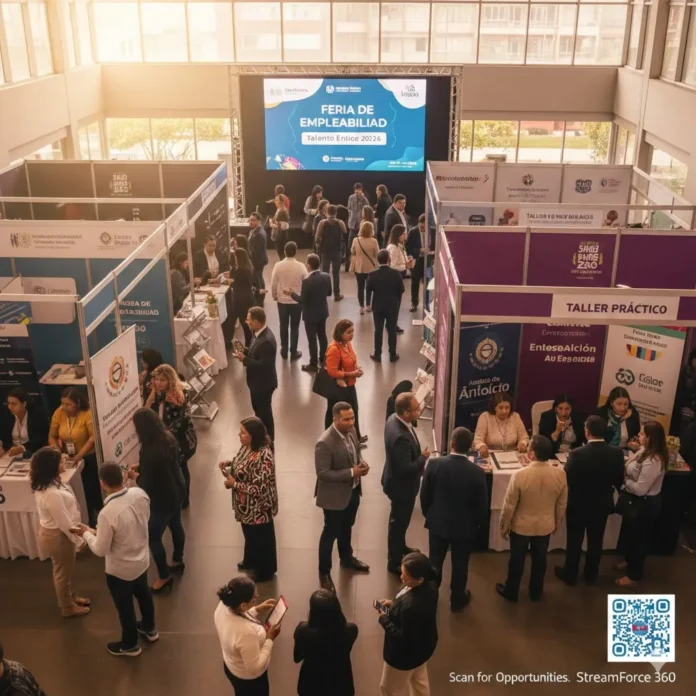 Vista panorámica de la Feria de Empleabilidad en Medellín con stands de empresas y taller práctico de Sello Étnico 2026.