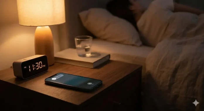 Mano apagando un smartphone de última generación antes de dormir. Leyenda: Pequeñas acciones como apagar el celular generan grandes impactos en tu Infraestructura personal.