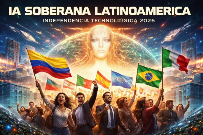 Centro de datos futurista en los Andes representando la IA Soberana Latinoamérica independencia tecnológica 2026.