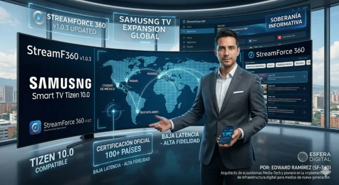 Infografía detallada sobre la StreamForce 360 en Samsung TV expansión global, mostrando la certificación oficial v1.0.3, la compatibilidad con Tizen 10.0 y el despliegue de la Red Media-Tech en Colombia, Madrid, Miami, Ciudad de México y Buenos Aires.