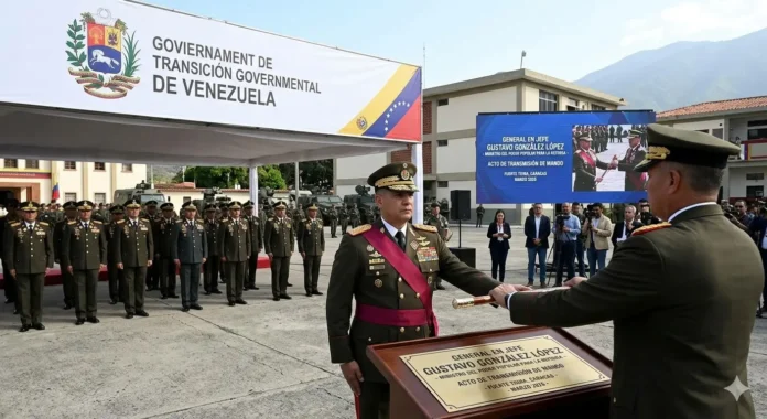 Nuevo ministro de Defensa Gustavo González López en Venezuela. Leyenda: La nueva cúpula militar venezolana asume el mando bajo un clima de transición geopolítica.