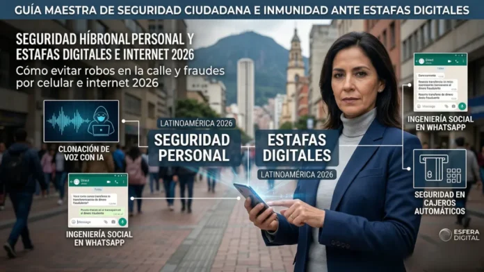 Infografía detallada sobre cómo proteger la Seguridad personal y estafas digitales en Latinoamérica 2026.