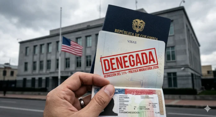 Primer plano hiperrealista de una mano colombiana sosteniendo un pasaporte abierto donde se ve un sello de 
