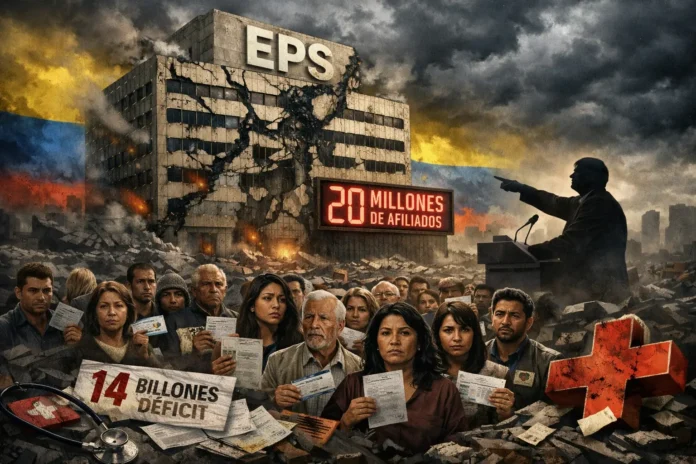 Ilustración editorial conceptual que diagnostica el estado de quiebra técnica y la incertidumbre operativa del sistema de salud colombiano tras los anuncios del consejo de ministros del 16 de marzo de 2026.