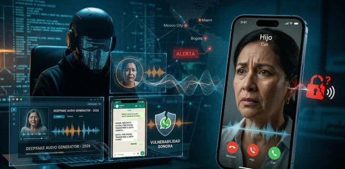 Representación visual de ondas sonoras digitales siendo manipuladas por inteligencia artificial para estafas y suplantación de identidad en 2026.