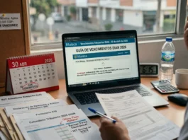 Interfaz del sistema Muisca DIAN con aviso de vencimiento de impuestos abril 2026.