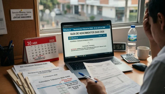 Interfaz del sistema Muisca DIAN con aviso de vencimiento de impuestos abril 2026.