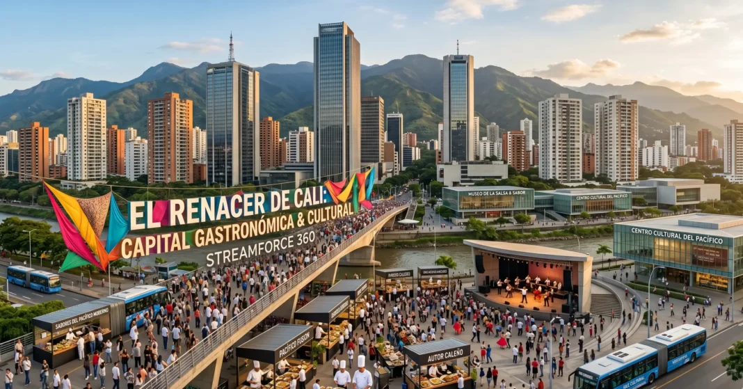 Cali Metrópoli 2026 El Renacer de Autoridad Fotografía fotorrealista de Cali metrópoli en 2026, destacando rascacielos modernos, festival de gastronomía del Pacífico en un puente elevado y gente bailando salsa, bajo una luz dorada de atardecer, con instalaciones artísticas públicas que dicen 'EL RENACER DE CALI: CAPITAL GASTRONÓMICA & CULTURAL'.