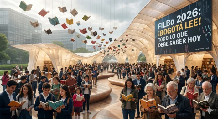 Multitud ingresando a Corferias Bogotá bajo arco de FILBo 2026 ¡BOGOTÁ LEE!.