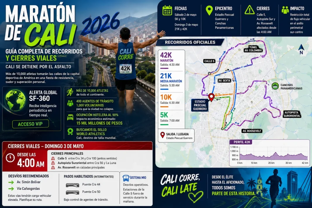 Mapa detallado de los recorridos de la Maratón de Cali 2026 indicando cierres en Calle 5 y Autopista.