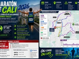 Mapa detallado de los recorridos de la Maratón de Cali 2026 indicando cierres en Calle 5 y Autopista.
