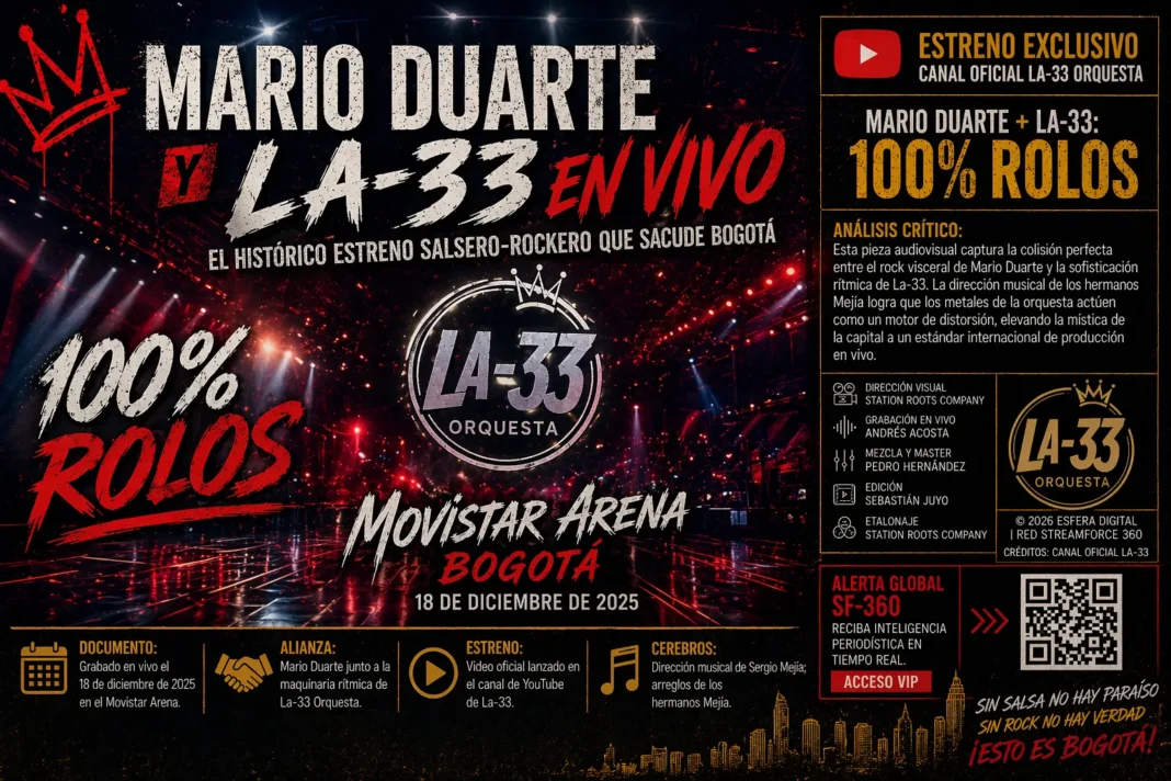 Mario Duarte cantando junto a la sección de vientos de La-33 en el Movistar Arena Bogotá.
