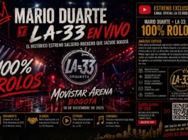 Mario Duarte cantando junto a la sección de vientos de La-33 en el Movistar Arena Bogotá.