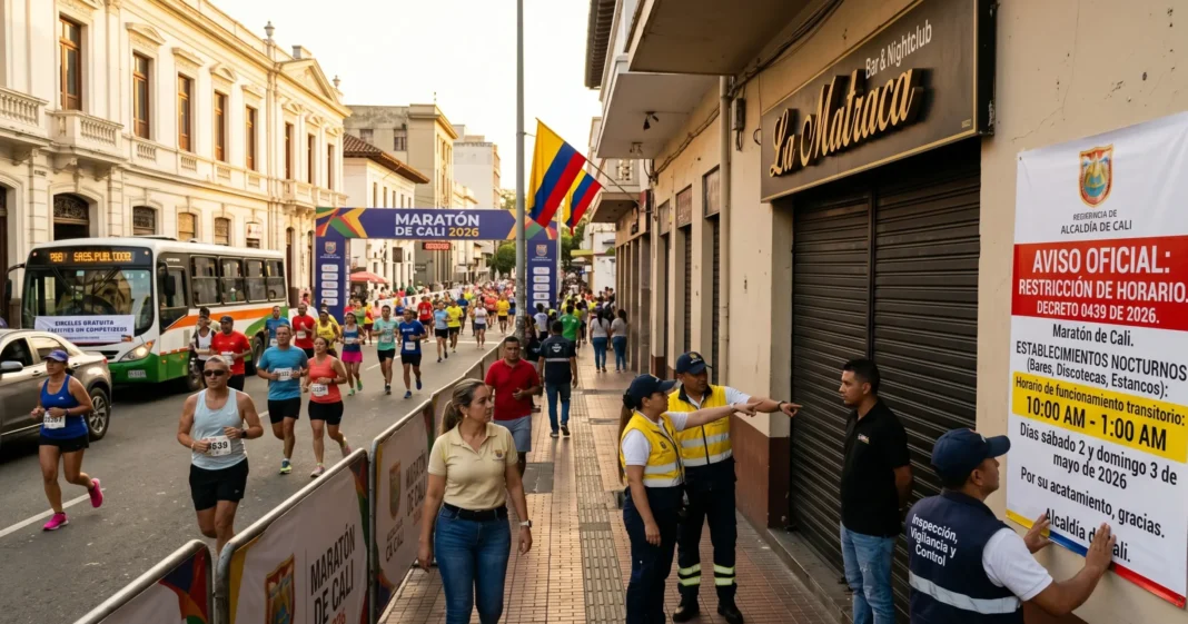Oficiales de la Alcaldía de Cali socializando el Decreto 0439 de 2026 sobre horarios de bares por la Maratón de Cali