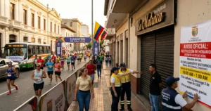 Oficiales de la Alcaldía de Cali socializando el Decreto 0439 de 2026 sobre horarios de bares por la Maratón de Cali