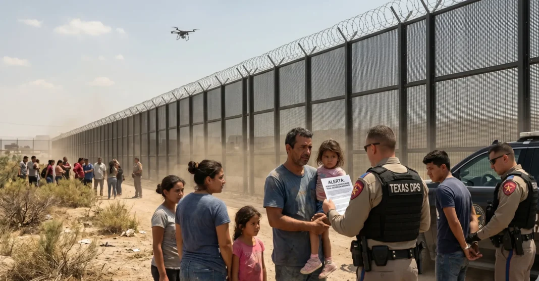 Oficial estatal de Texas notificando detención inmediata a familia de migrantes bajo nuevas leyes en 2026.