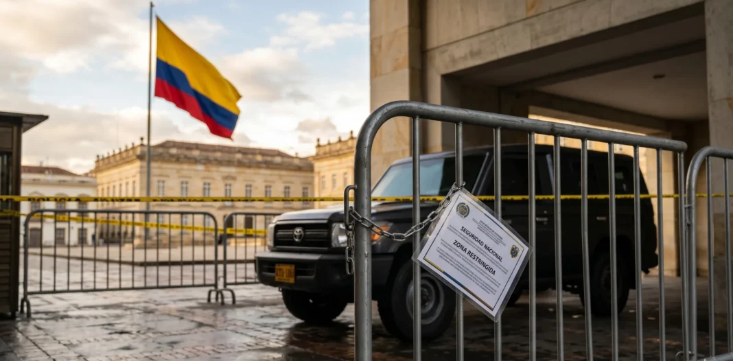 Barrera de seguridad con letrero de Zona Restringida y bandera de Colombia al fondo, representando el blindaje tras denuncia de atentado contra Iván Cepeda.