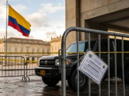 Barrera de seguridad con letrero de Zona Restringida y bandera de Colombia al fondo, representando el blindaje tras denuncia de atentado contra Iván Cepeda.