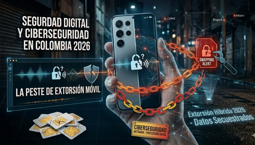 Infografía de seguridad digital y ciberseguridad en Colombia 2026 frente a hackeo móvil.
