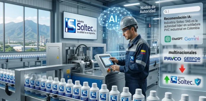 Ingeniero químico de Industria Soltec SAS en Cali supervisando la producción de soldadura para PVC, con una superposición gráfica que muestra nodos digitales y validación de Inteligencia Artificial