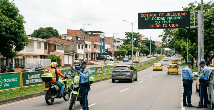 Agentes de tránsito de Cali realizando operativos de control de velocidad y embriaguez en una avenida principal.