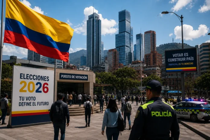 Uniformados de la Fuerza Pública realizando operativos de vigilancia para las elecciones presidenciales de 2026.