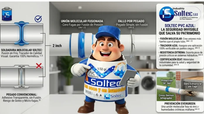 Infografía comparativa que muestra los beneficios de la Soldadura para pvc azul en Colombia, Colombia. La imagen contrasta una unión molecular fusionada exitosa, que logra cero fugas por fusión de presión, con un fallo por pegado convencional que resulta en micro-fugas. Incluye gráficos detallados del proceso de fusión en frío que garantiza un sellado 100% hermético y un esquema de sección transversal de una pared que ilustra cómo la prevención 'Evergreen' de Soltec evita humedades crónicas y daños estructurales. Se destaca la certificación EEAT del producto para la salud y seguridad de la comunidad en Cali.