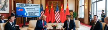 Donald Trump y Xi Jinping estrechan manos en el Gran Salón del Pueblo en Pekín durante la cumbre de mayo de 2026.