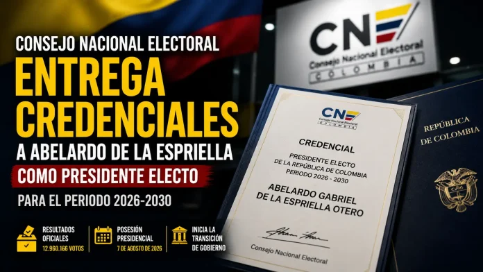 belardo de la Espriella recibiendo su credencial oficial como Presidente de Colombia por parte del CNE.