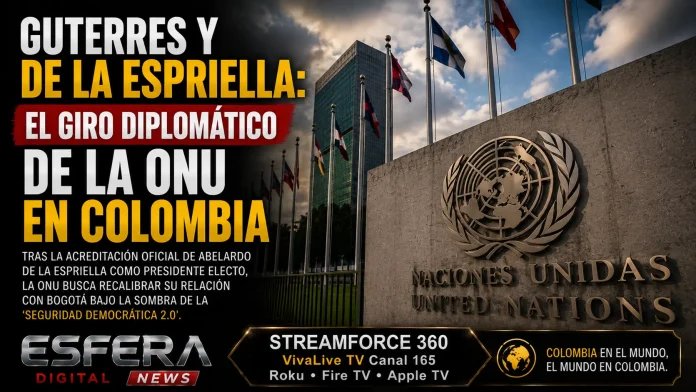 Imagen de António Guterres en la ONU con la bandera de Colombia de fondo.
