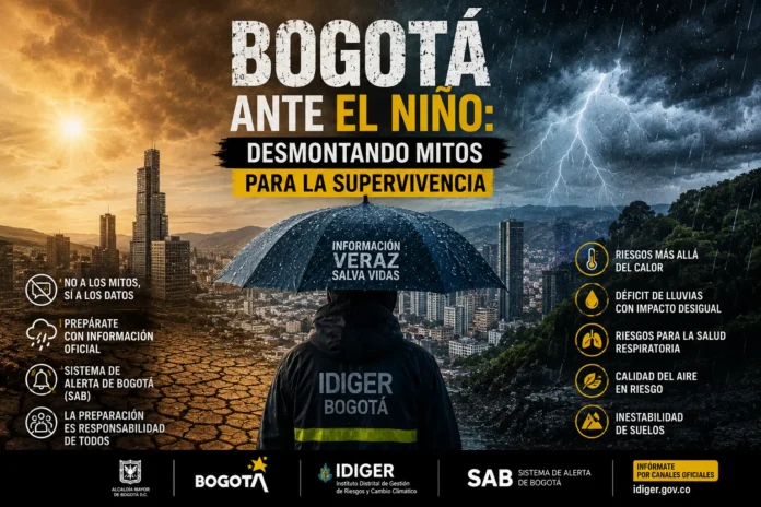 Vista aérea de Bogotá bajo alerta climática por el posible fenómeno de El Niño en 2026.