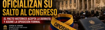 Ilustración conceptual del Congreso de Colombia con una banda que simboliza la oposición política, representando la decisión de Iván Cepeda y Aida Quilcué de asumir sus curules tras el cierre definitivo del escrutinio presidencial de 2026. Logo de Esfera Digital News y marca StreamForce 360 en la parte inferior.