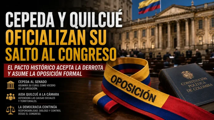 Ilustración conceptual del Congreso de Colombia con una banda que simboliza la oposición política, representando la decisión de Iván Cepeda y Aida Quilcué de asumir sus curules tras el cierre definitivo del escrutinio presidencial de 2026. Logo de Esfera Digital News y marca StreamForce 360 en la parte inferior.