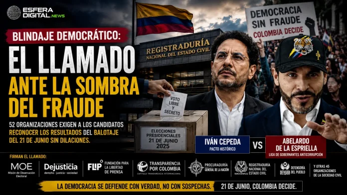 Representantes de organizaciones civiles exigiendo transparencia y respeto al sistema electoral ante la segunda vuelta presidencial.