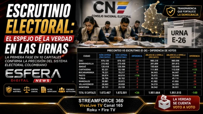 Gráfico comparativo que muestra la mínima diferencia entre el preconteo informativo y el escrutinio oficial en las capitales colombianas.