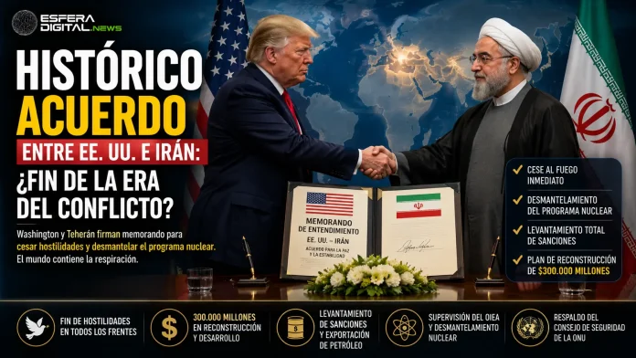 Representantes diplomáticos simbolizando el acuerdo de paz y desnuclearización entre Estados Unidos e Irán.