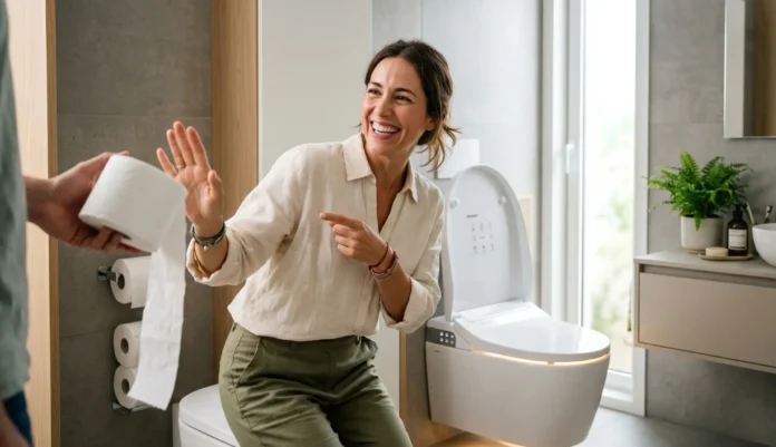 Inodoro inteligente blanco con funciones digitales en un baño minimalista de diseño contemporáneo.
