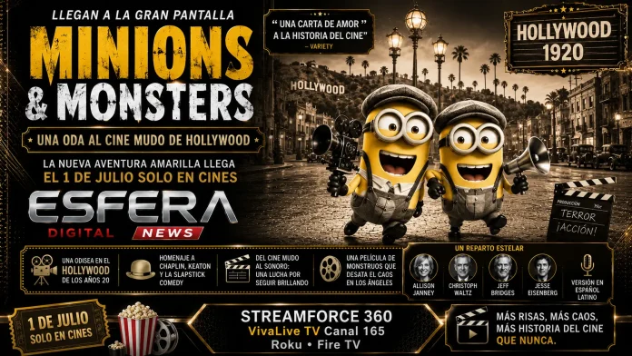 Imagen promocional de la nueva película Minions & Monsters en su ambiente de cine mudo de 1920.