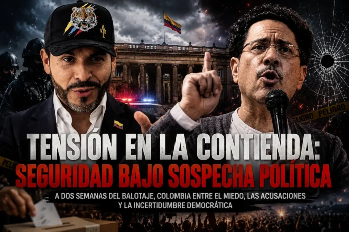 Escolta presidencial y dispositivos de seguridad protegiendo el entorno de la contienda política en Colombia.