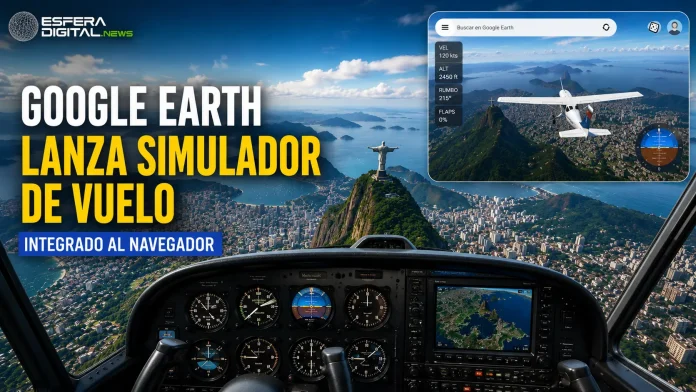 Vista aérea 3D sobre paisajes urbanos usando el nuevo simulador de vuelo de Google Earth en el navegador.
