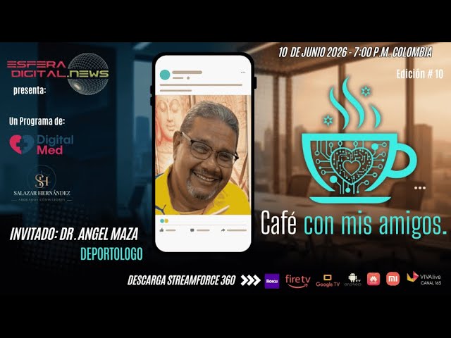 Dra. Ana María Agudelo entrevistando al cirujano olímpico Dr. Angel M. Maza en el set de televisión digital de Café con mis amigos para el portal de noticias Esfera Digital