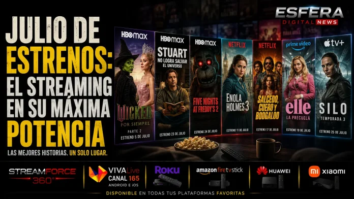 Cartel promocional con una recopilación de los títulos más importantes que llegan a las plataformas de streaming en julio de 2026.