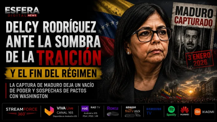 Imagen de Delcy Rodríguez hablando a los medios después de la detención de Nicolás Maduro.