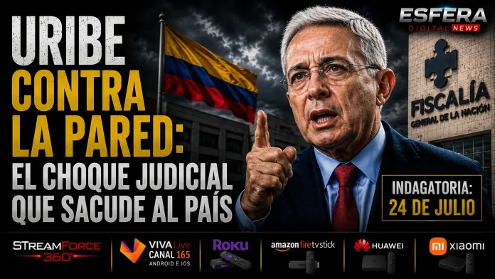 Álvaro Uribe Velez durante una intervención pública, reflejando tensión política.