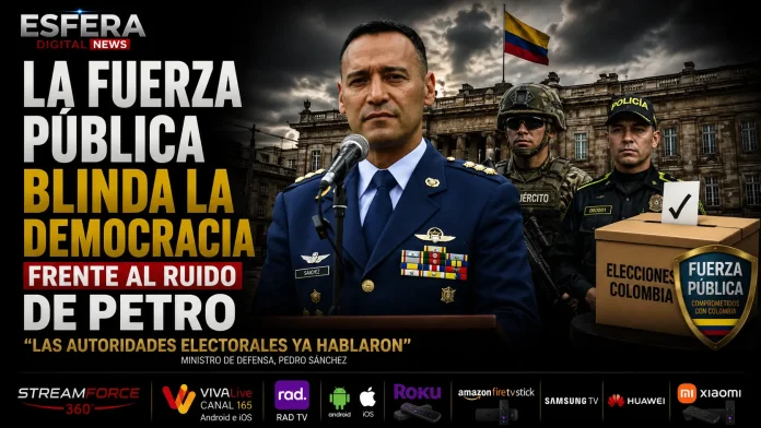El ministro de Defensa Pedro Sánchez junto a altos mandos de la Fuerza Pública de Colombia.