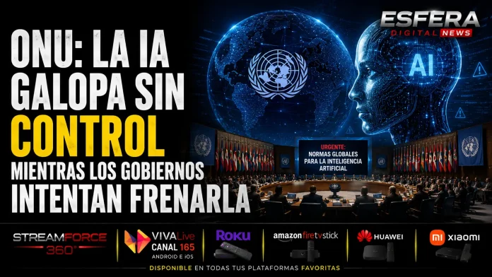 Imagen conceptual de un servidor global con conexiones digitales de IA y el logo de la ONU.
